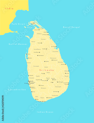 Vector modern illustration. Simplified geographical  map of Sri Lanka (ana India partially). Blue background of Indian Ocean, Bay of Bengal. Names of the cities and provinces.