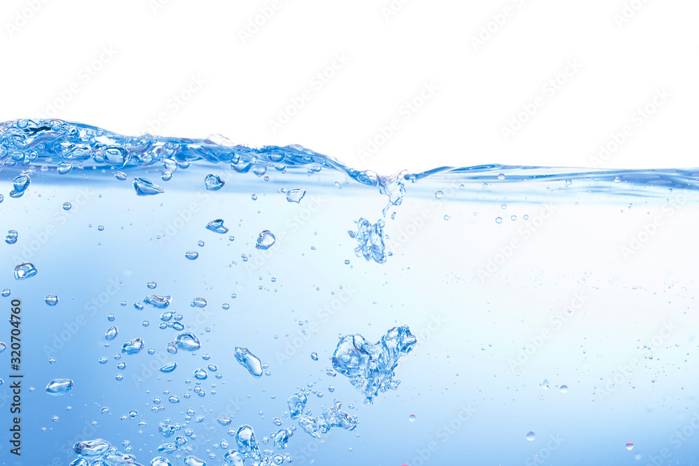 Blue water surface with splash, waves and bubbles on white background Blue water surface with splash, waves and bubbles on white background