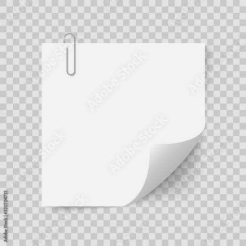 Blank post note with clip. Empty white sheet fastened with clerical paperclip. Vector paper list, realistic shadow on transparent background