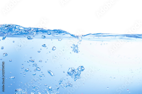 Blue water surface with splash, waves and bubbles on white background