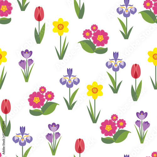 Fototapeta Naklejka Na Ścianę i Meble -  Floral seamless pattern. Vector flat flowers. Spring garden flowers. Simple illustration Crocus, tulip, daffodil, primrose and iris isolated on white background. 