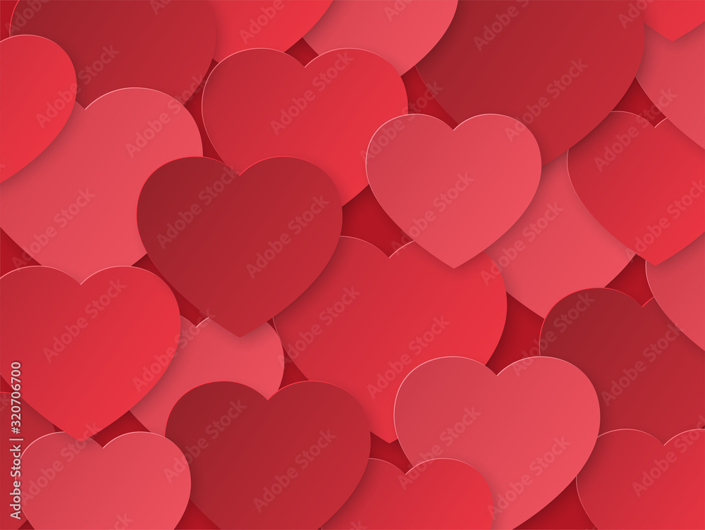 Background with red paper hearts. Template with place for text. Design for Valentine's Day. The 14th of February. Texture paper cut.