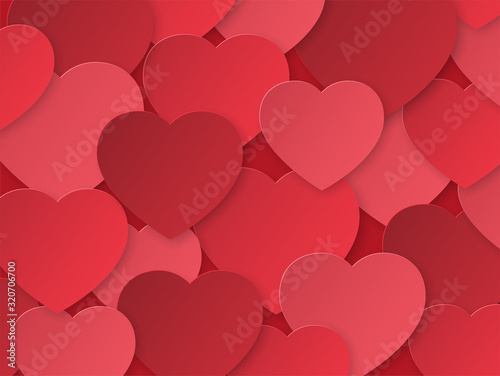 Background with red paper hearts. Template with place for text. Design for Valentine's Day. The 14th of February. Texture paper cut.