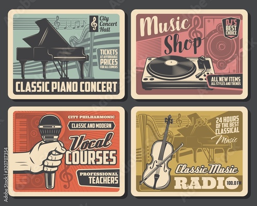 Music instruments retro posters, vocal school courses and classic music radio retro posters. Vector piano concert, music DJ equipment and vinyl records shop, orchestra or jazz band festival
