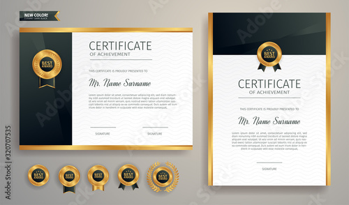 Black and gold certificate of appreciation border template with luxury badge and modern line pattern