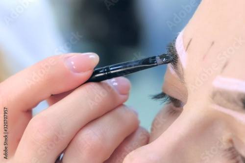 Cosmetologist is tinting woman eyebrows with brown paint in beauty clinic  closeup brow. Beautician applying natural henna using brush on brows of client. Professional tint eyebrow procedure.