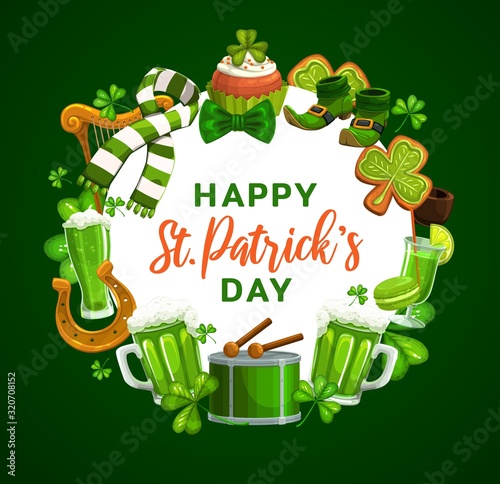 Irish shamrock, St Patricks Day leprechaun shoes and green beer vector design with greeting wishes. Clover leaves, lucky horseshoe and celtic elf smoking pipe, shoes, drum and harp frame