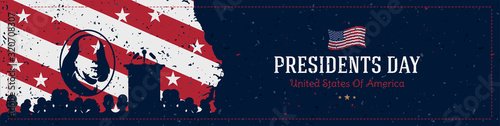 Happy Presidents Day of USA. Template design with a silhouette of people and podium for speaking on a background with texture and portrait of the president with USA flag. National American holiday.