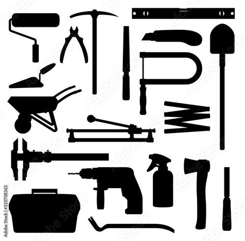 Work tools, home repair, renovation and remodeling handy works equipment silhouette icons. Vector woodwork carpentry and construction tools, hammer, drill, saw and screwdriver, spade and paint roll