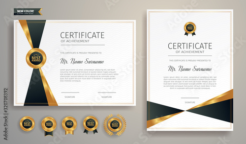 Dark and gold certificate of achievement border template with luxury badge and modern line pattern