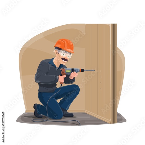 Carpentry repairman with home remodeling and repair woodwork tools. Vector carpenter man in safety hat with electric drill assemble furniture or repairing and constructing house