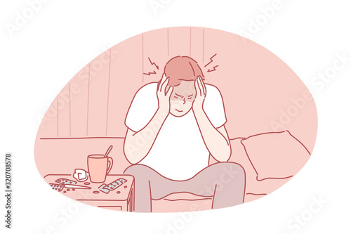 Migraine, headache, desease concept. Young man has headache and suffers from pain. Migraine is symptom of hangover. Unhappy boy holding his head and is in pain because of flu. Simple flat vector.