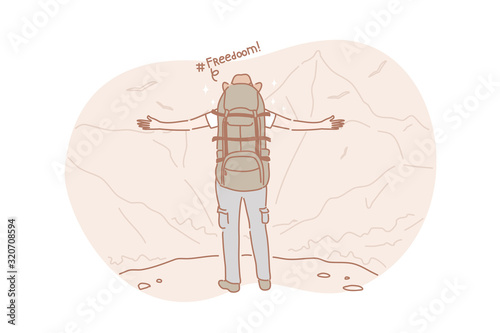 Freedom, travel, hiking concept. Active adventurous man with backpack, boy hiker traveller or explorer standing on top of mountain or cliff, feeling freedom and looking on valley. Simple flat vector