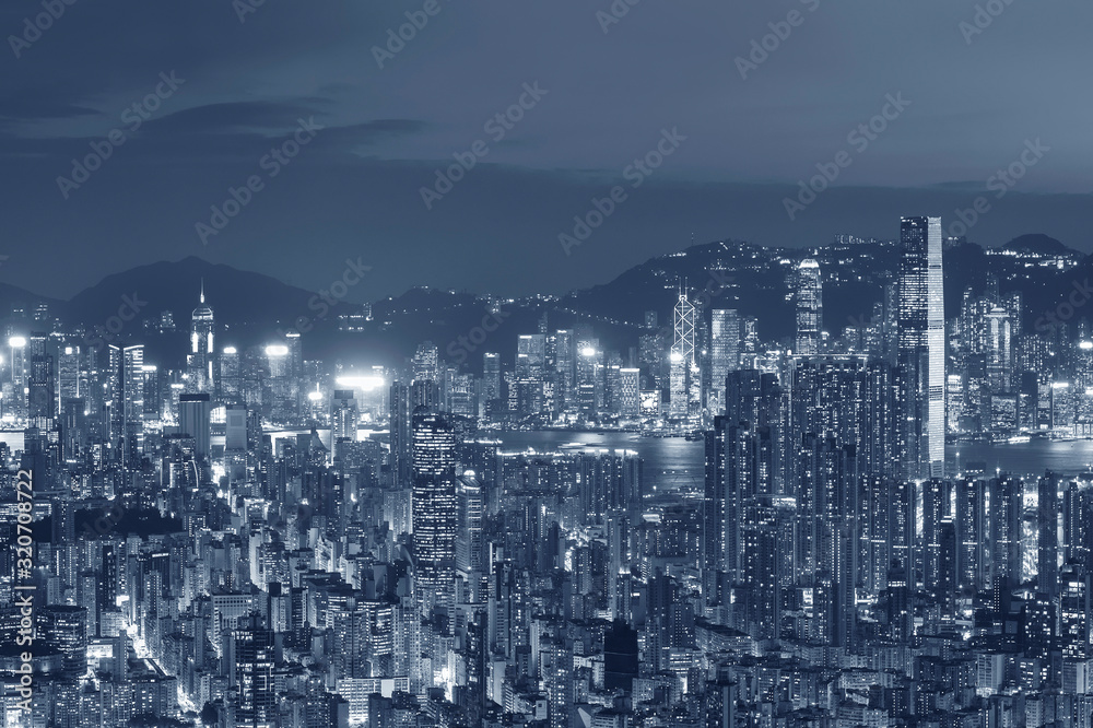 Fototapeta premium Panorama of aerial view of Hong Kong city at dusk