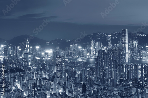 Panorama of aerial view of Hong Kong city at dusk © leeyiutung
