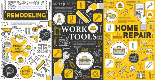House remodeling and construction repair work tools, home renovation service posters. Vector handyman carpentry, masonry and woodwork hand tools, drill and saw, paint, construction hammer and ruler