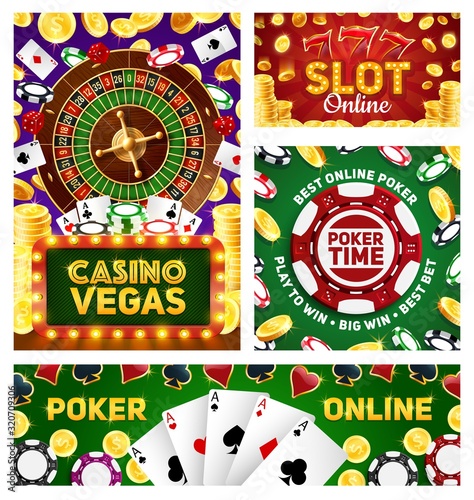 Casino poker gamble game, wheel of fortune roulette and slot machine jackpot big win. Vector online casino jackpot golden coins, lucky seven, playing cards, chips and dice in neon sign