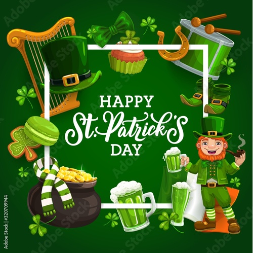 Happy St. Patricks day frame of Irish national holiday symbols. Vector harp and leprechauns hat, cupcake and beer, shoes and striped scarf. Lucky horseshoe and green shamrock three leaf clover
