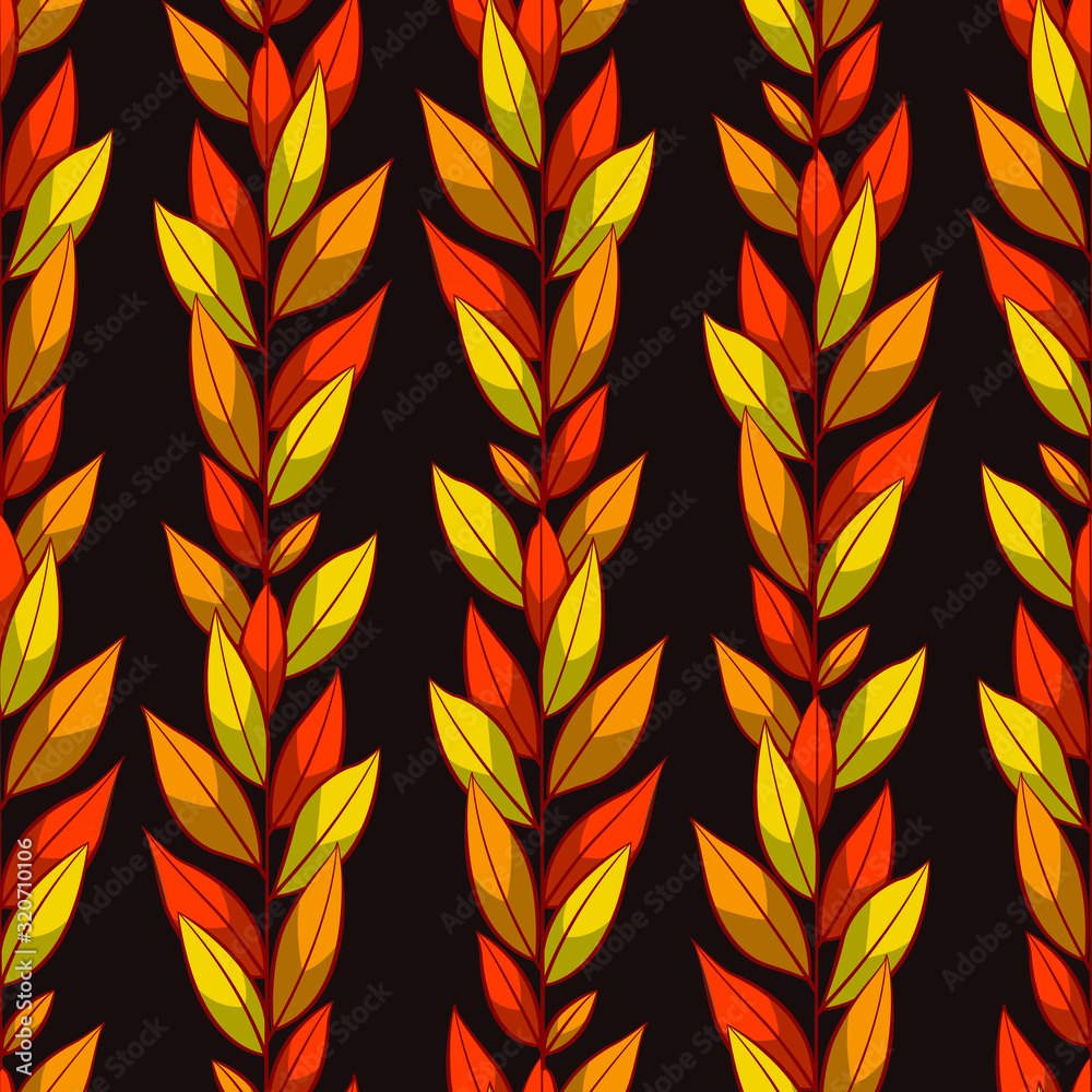 Vector seamless pattern with vertical autumn branches and leaves on dark brown background; foliage design for fabric, wallpaper, wrapping paper, textile, package, web design. Vector seamless pattern with vertical autumn branches and leaves on dark brown background; foliage design for fabric, wallpaper, wrapping paper, textile, package, web design.
