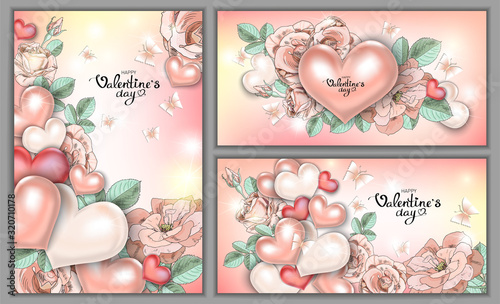 Happy Valentine's day, handwritten. Hearts, roses, leaves, butterflies and stars Shine on a pink background. Set of decorative cards perfect for the holidays: a wedding and a confession of love, birth