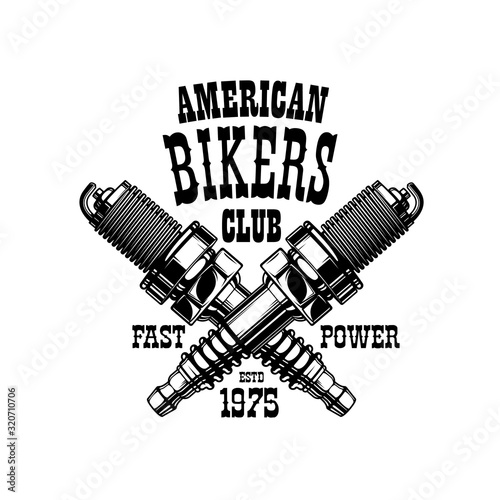 Bikers club emblem, motorcycle racers and motorbike racing gang icon. Vector American bikers club grunge T-shirt print, chopper motorbike engine spark plugs, crossed sign