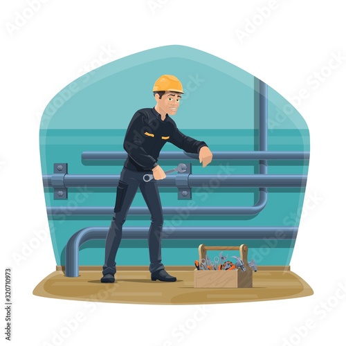 Plumber service, water pipeline plumbing, inspection and repair. Vector worker man in uniform with spanner wrench tool, repairing water sewage leakage, house gas or heating system pipes