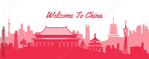 famous landmark of China,travel destination with silhouette classic with national flag color design,vector illustration
