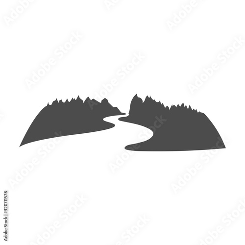 Foto Mountain River Logo design in negative space vector illustration.