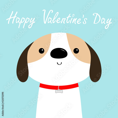 Happy Valentines Day. Dog face head. Red collar. White puppy pooch. Cute cartoon kawaii funny baby character. Flat design style. Help homeless animal Adopt me. Pet adoption. Blue background.