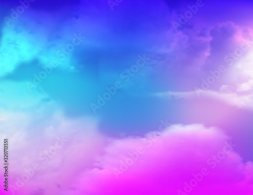 Neon Cloud Abstract background. Realistic clouds on bright vibrant sky. Illustration as template for advertising