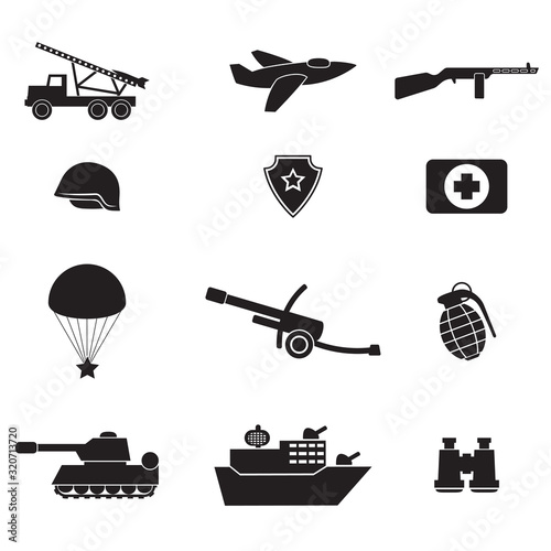 Collection of army black silhouette icons on a white isolated background. Vector image
