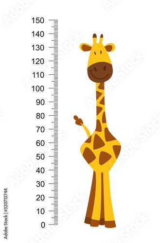 Cheerful funny giraffe with long neck. Height meter or meter wall or wall sticker from 0 to 150 centimeters to measure growth. Childrens vector illustration