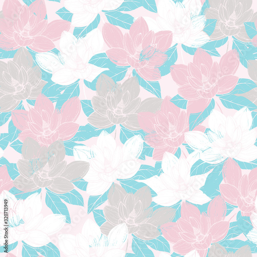 Vector illustration botanical seamless pattern with white anise magnolia flower. Simple minimalistic hand drawn design. Greeting card spring and summer design wallpaper and fabric