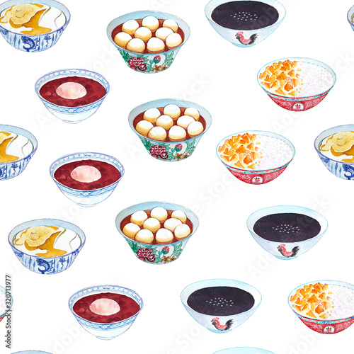 Seamless watercolor pattern with hong kong desserts on white background.