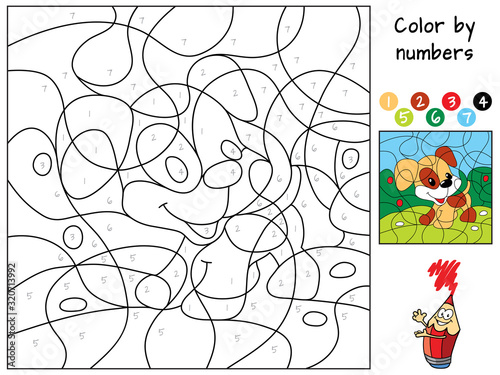 Funny little dog. Color by numbers. Coloring book. Educational puzzle game for children. Cartoon vector illustration