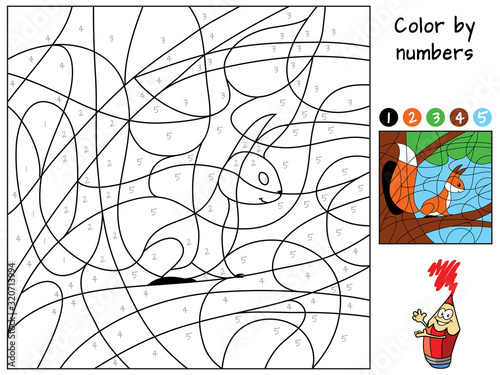 Squirrel sitting on a tree. Color by numbers. Coloring book. Educational puzzle game for children. Cartoon vector illustration