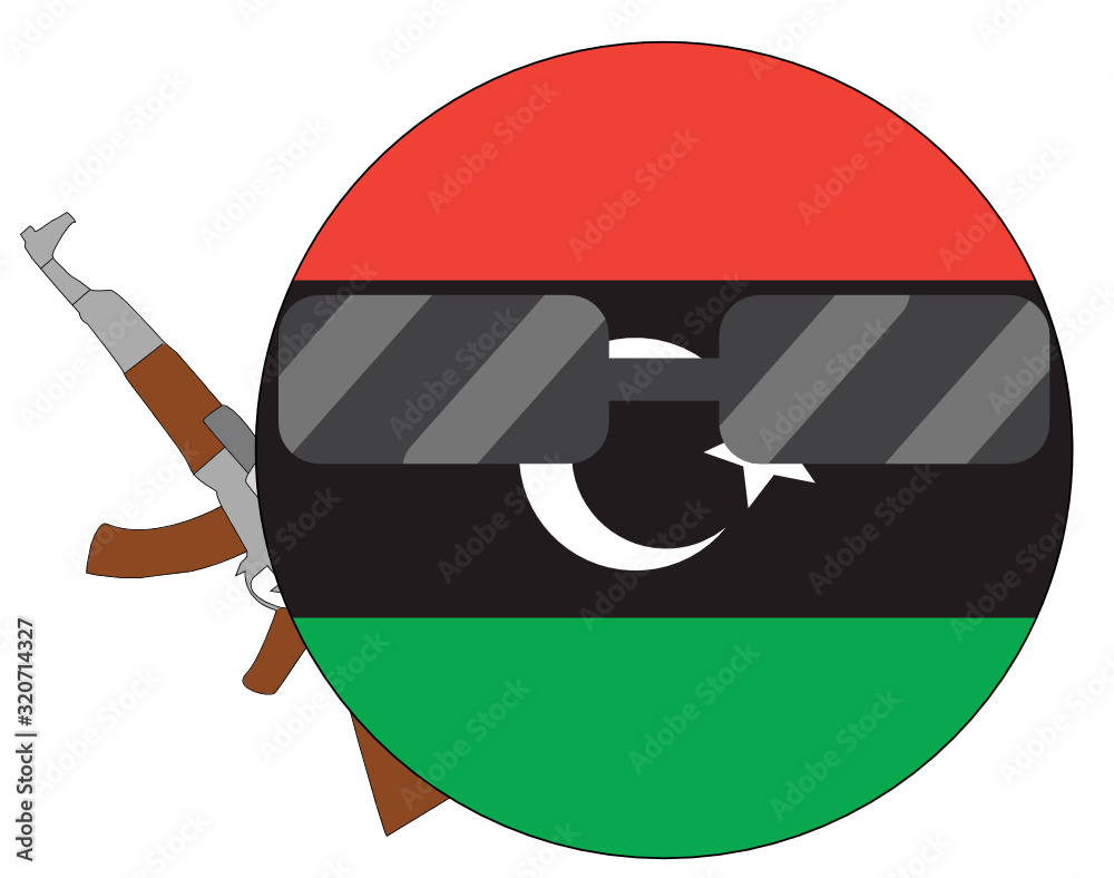 Cool Libya flag emoji. Round Libyan flag emoticon wearing sunglasses