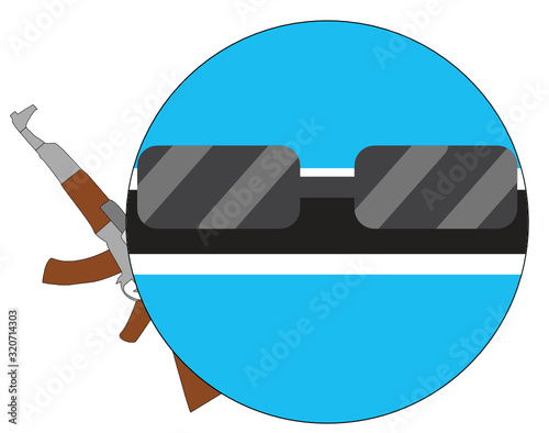 Cool Botswana flag emoji. Round Botswanan flag emoticon wearing sunglasses and holding a machine gun. Expression of protest, fighting for freedom, independence, patriotism and Botswanan culture.