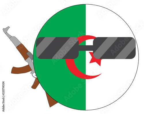 Cool Algeria flag emoji. Round Algerian flag emoticon wearing sunglasses and holding a machine gun. Expression of protest, fighting for freedom, independence, patriotism and Algerian culture.