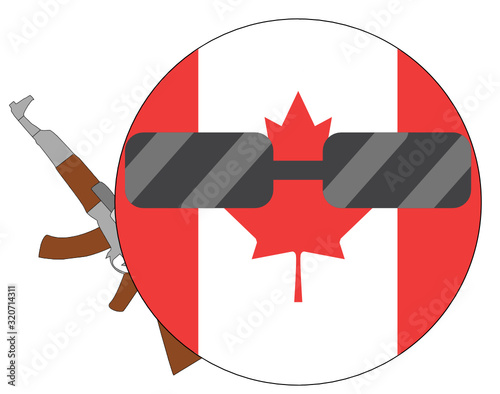 Cool Canada flag emoji. Round Canadian flag emoticon wearing sunglasses and holding a machine gun. Expression of protest, fighting for freedom, independence, patriotism and Canadian culture.