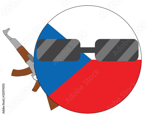 Cool Czechia flag emoji. Round Czech flag emoticon wearing sunglasses and holding a machine gun. Expression of protest, fighting for freedom, independence, patriotism and Czech culture.