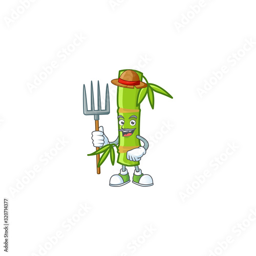 Cute Farmer bamboo stick cartoon mascot with hat and tools