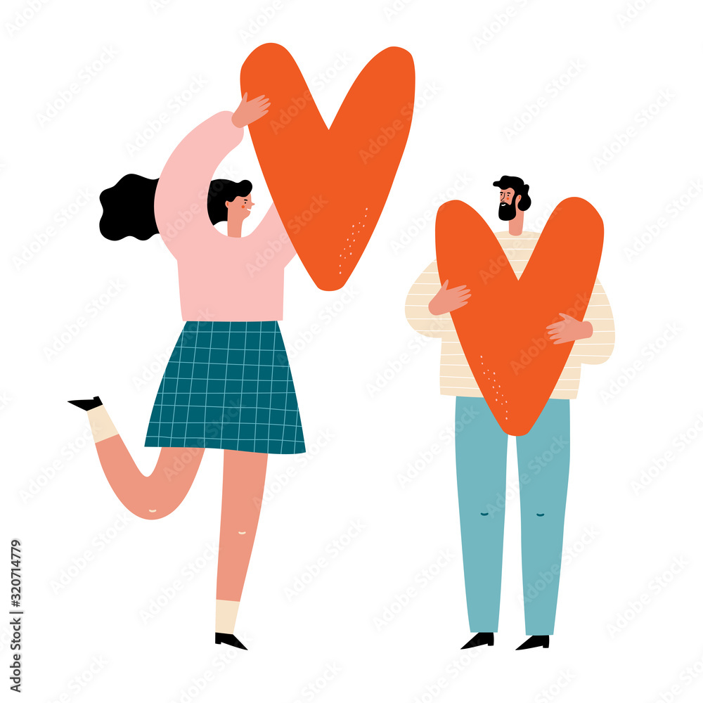 Man and woman hold big hearts. Valentine's day card with people. Man and woman hold big hearts. Valentine's day card with people.