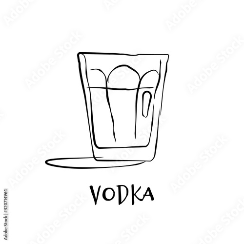 Shot vodka. Retro glass vodka hand draw, design for any purposes. Graphic art. Drink element. Black white. Restaurant illustration. Simple sketch. Isolated on white background in engraving style