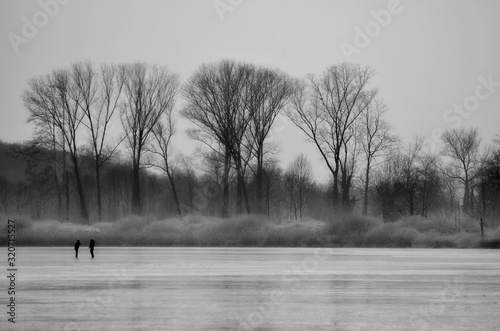 Ice Skating on a Frozen Lake with Bare trees in Italy.
