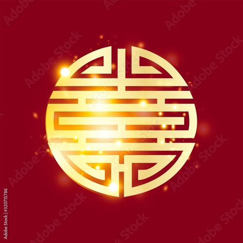 Chinese symbol of health and longevity. Vector clipart. Gold glitter on a red background.