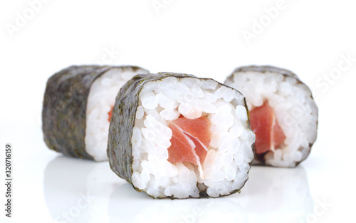 Rolled up sushi on a white background