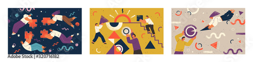Set of three pictures about cooperation. Teamwork of people that completing puzzle or supporting each other. Geometric ornaments and shapes on poster. Vector illustration of team in flat style