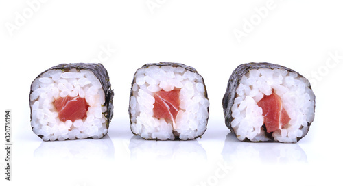 Rolled up sushi on a white background