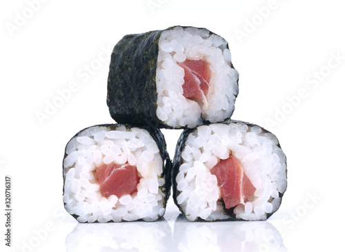 Rolled up sushi on a white background